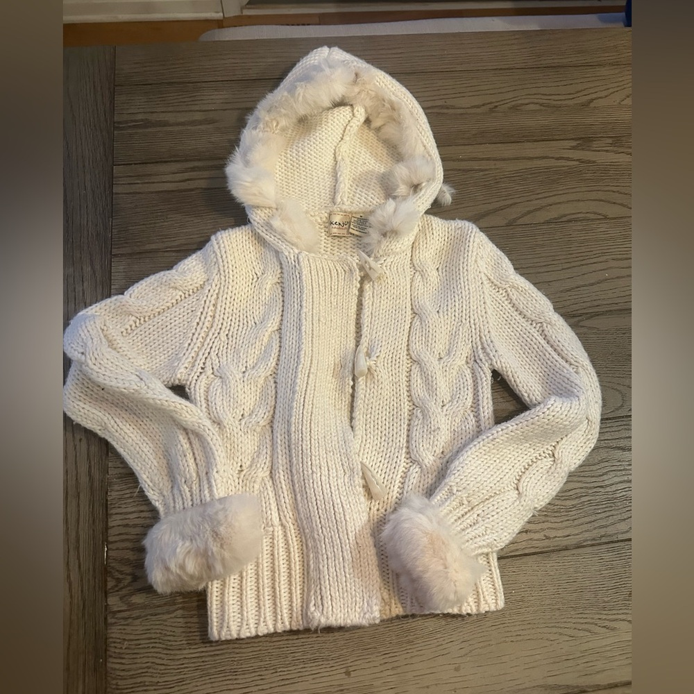 Kenjo Handknit Cozy Cream Cable  Hooded Cardigan Size M
